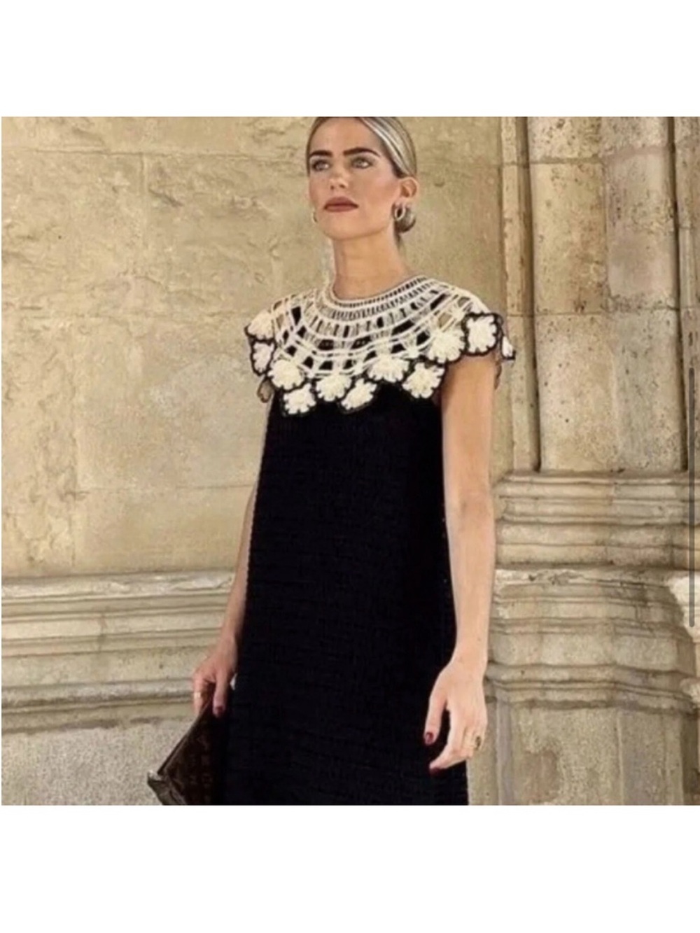 Zara Black Crochet Maxi Dress with Cream Floral Yoke XS/S - Picture 3 of 7